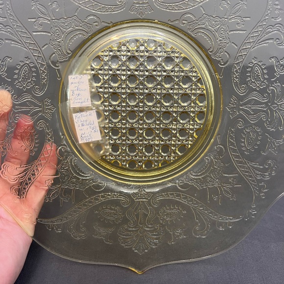 1930’s Lancaster Yellow Depression Glass Etched Tray Cane Landrum W/ Handles - Picture 3 of 8